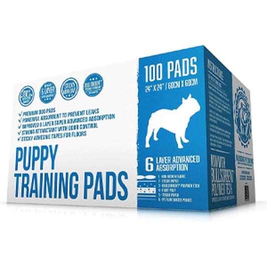 Bulldogology Premium Puppy Pee Pads with Adhesive Sticky Tape (24X24) Large Dog Training Wee Pads with 6 Layer Extra Quick Dry Bullsorbent Polymer Tech (100-Count, White)